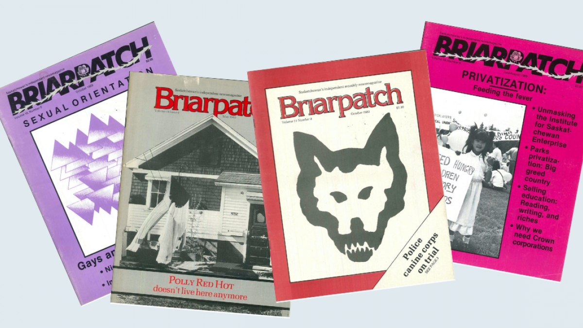 The covers of four archival issues of Briarpatch, against a light blue background