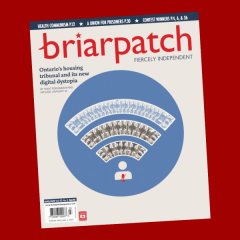 The cover of the March/April 2023 issue of Briarpatch magazine is on a maroon background. The cover features the WiFi connectivity symbol in the center of a blue circle. The semicircular bars of the WiFi symbol are an aerial view of cul-de-sacs from above with the last 'bar' of houses fading out. Below the cul-de-sacs/bars are the symbols of an anonymous video conferencing participant with a red muted microphone.